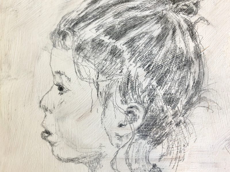 Young Lady 6 x 6, graphite on pine board - sold