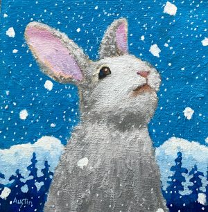First Snow, rabbit – SOLD 8 x 8, acrylic on canvas